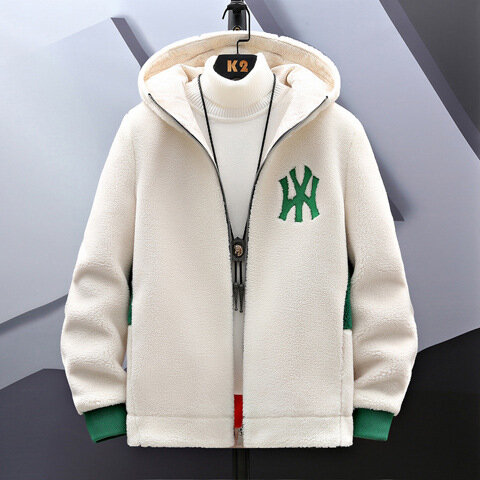 Suitable for Christmas Men's Top Lamb Fleece Casual Hooded Zipper Warm Winter Thick Embroidery Logo Couple Shopping Jacket