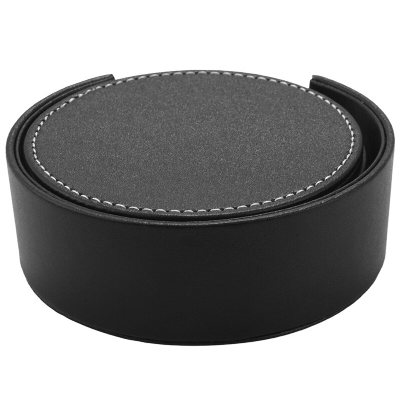 Set of 6 Leather Drink Coasters Round Cup Mat Pad for Home and Kitchen Use Black