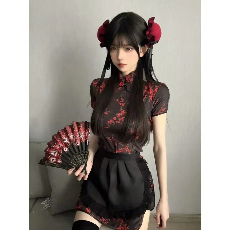Gaun gaya Tiongkok gaun celemek pelayan Lolita koki kecil Set gaun Qipao Tiongkok baru Cheongsam seksi wanita