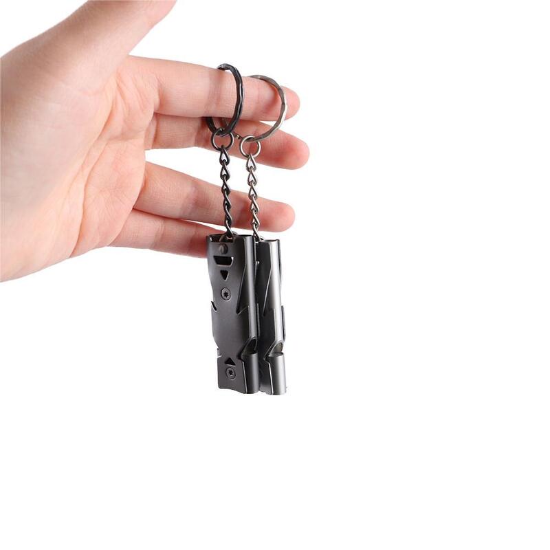 Aço inoxidável Emergency Survival Whistles, multifunções ferramentas ao ar livre, portátil, alta decibel, tubo duplo, Keychain