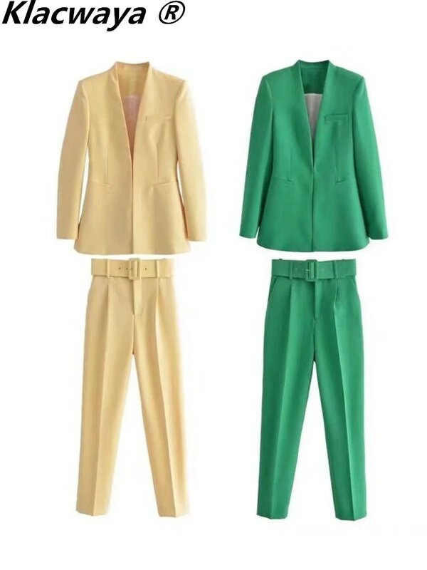 Klacwaya-Blazer y pantalones de cintura alta para mujer, conjunto Formal de oficina, color verde, 2022