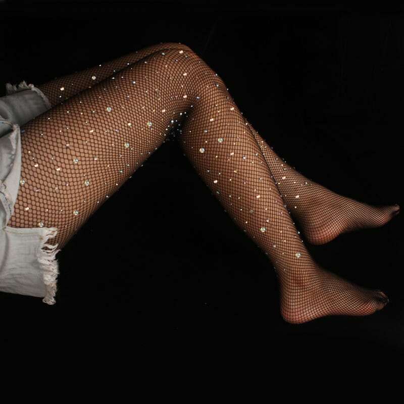 Sexy lucido strass maglia collant a rete donna collant collant Lingerie calze moda diamante lucido calze coscia nero