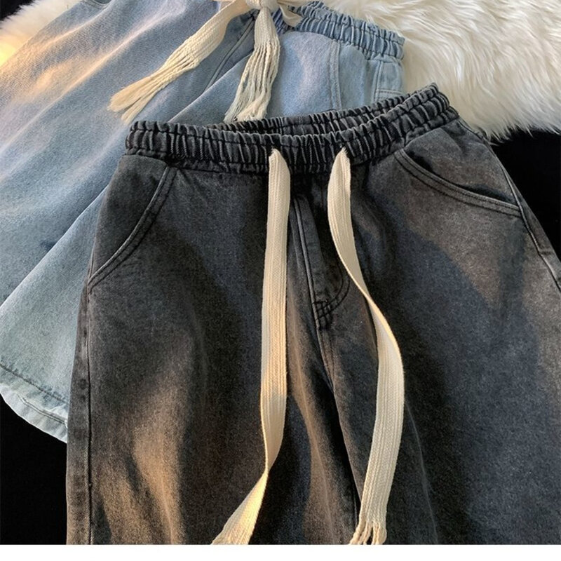 Celana pendek Denim pria, bawahan Denim jalanan Korea pinggang elastis biru muda untuk lelaki