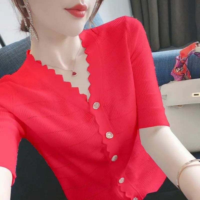 Chemises évidées à col en V pour femmes, chemisiers coréens à la mode, bouton avec tout à fait solide, document, vêtements d'été, nouveau, 2024