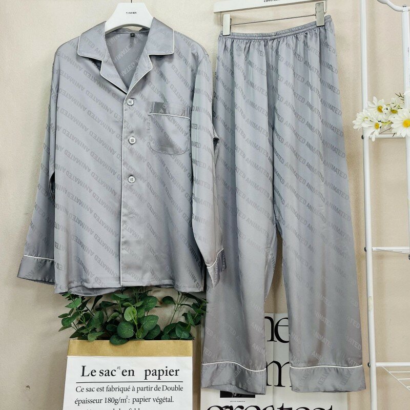 Rayon Huiskleding Grey 2 Stuks Loungewear Voor Mannen Losse Lange Mouwen Shirt En Broek Jacquard Nachtkleding Zomer Nieuw Pyjama Pak