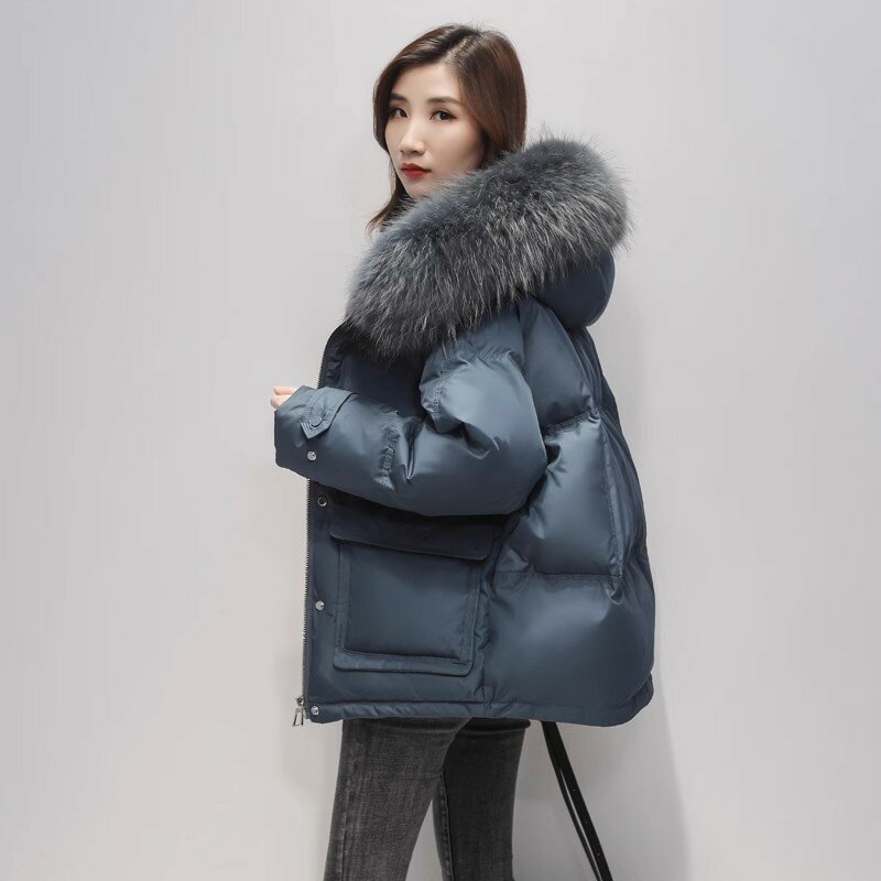 High Quality White Duck Down Jacket Women's Short Coat Winter New Real Raccoon Fur Collar Hooded Outwear Female Thicken Parkas