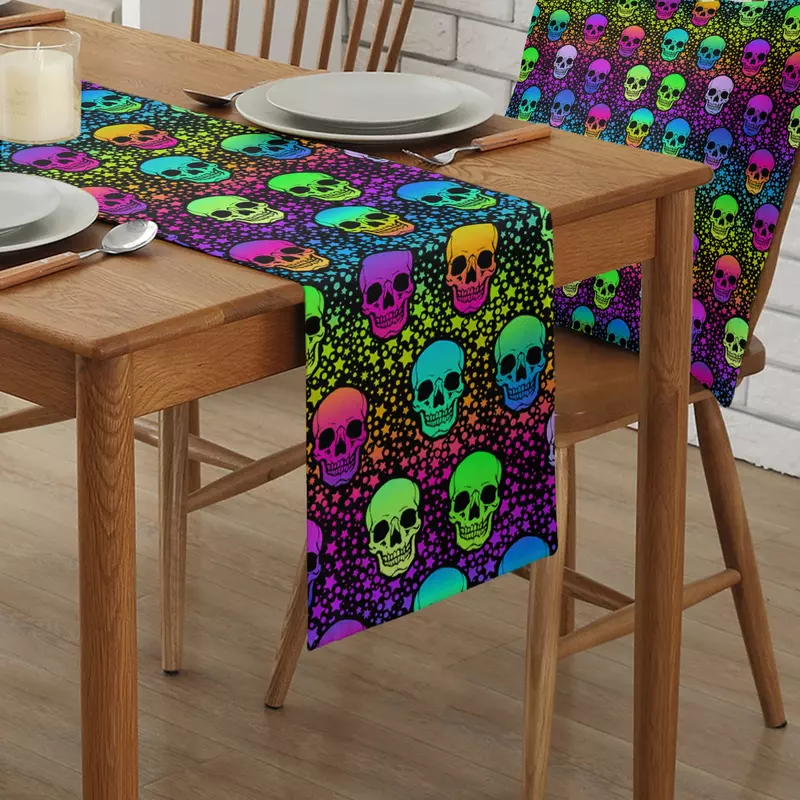 ผ้าปูโต๊ะลายโครงกระดูกสีรุ้งตกแต่งการตกแต่งบ้านอาหารค่ำ