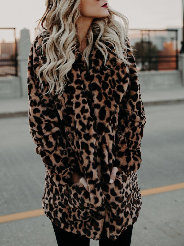 Jaqueta de pele sintética para mulheres, estampa leopardo vintage casaco de pelúcia grosso quente, casaco casual feminino, botões chiques soltos, inverno