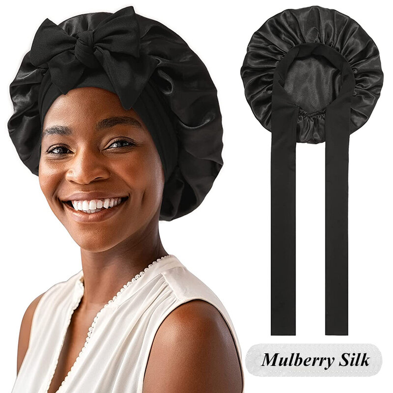 100% Mulberry Silk Sleeping Bonnet for Women Large Sleep Cap with Wide Elastic Tie Band for Curly Dreadlock Braid Hair Care