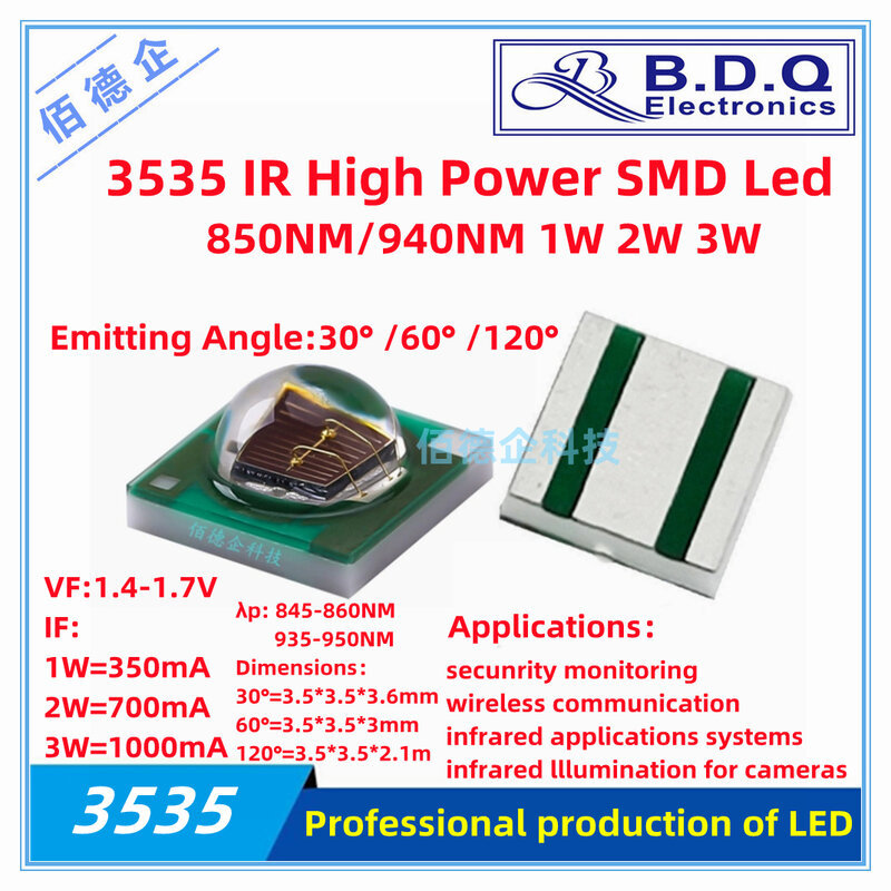 10 sztuk 3535 IR LED SMD wysoka Power1W 2W 3W 30 ° 60 ° 120 ° stopni podczerwieni IR 850nm 940nm LED