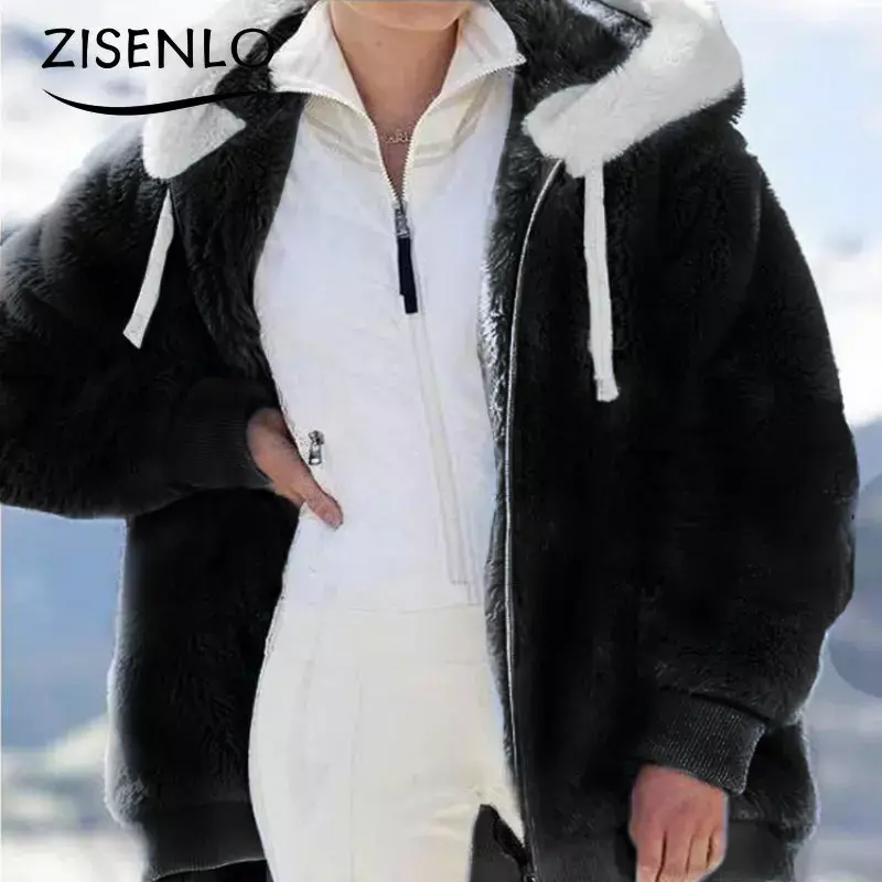 Jaket bertudung untuk wanita, jaket hangat modis kasual mantel dingin ritsleting mewah longgar musim dingin/gugur untuk wanita