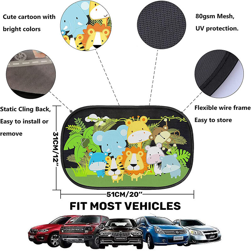 Car Sun Shade for Baby Kids 2 PCS Static Cling Side Window Car 80GSM Animals Cars Rear Sunshades Universal with 8 Suction Cups a