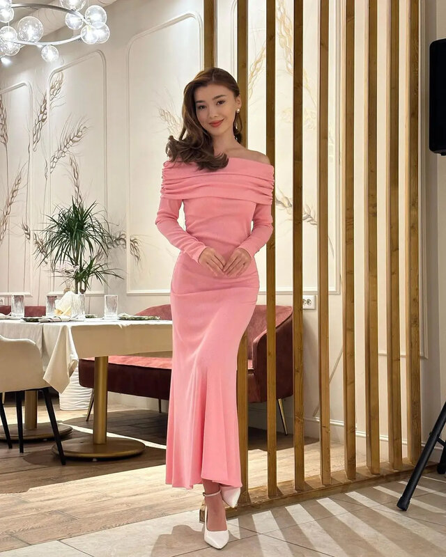 Lange Ärmel Abendkleider elegante Party kleider für Frauen Saudi formelle Ballkleider Satin a-Linie rosa knöchel lang