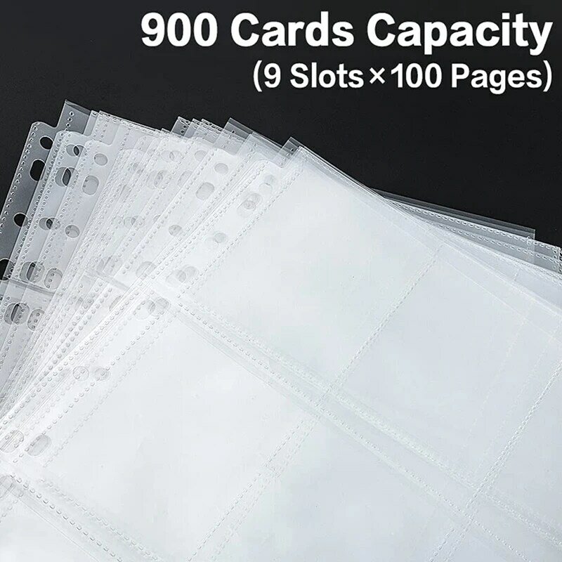 Halaman sampul kartu perdagangan, 100 paket 9 saku halaman Album penyimpanan kartu perdagangan 11 lubang cocok 3 Binder cincin
