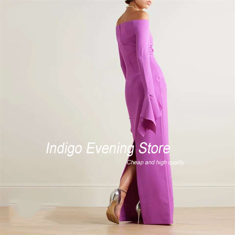 Платье для выпускного вечера цвета индиго, платье с открытыми плечами и длинным рукавом, с разрезом, атласное, на молнии, в пол, элегантное вечернее платье для женщин