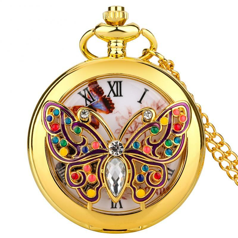 새로운 매력적인 골드 나비 크리스탈 다이아몬드 박힌 석영 포켓 시계, 우아한 여성 레트로 포켓 체인 시계 펜던트 체인