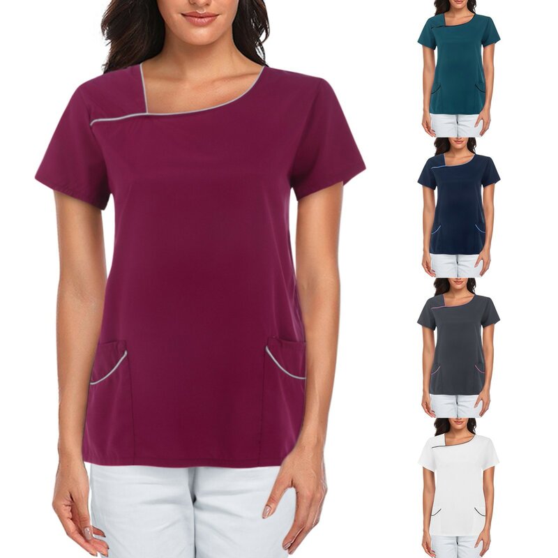 여성용 반팔 V넥 포켓 케어 작업자 티셔츠, 단색 상의, 루즈 캐주얼 블라우스, 심플한 여성 간호사 유니폼