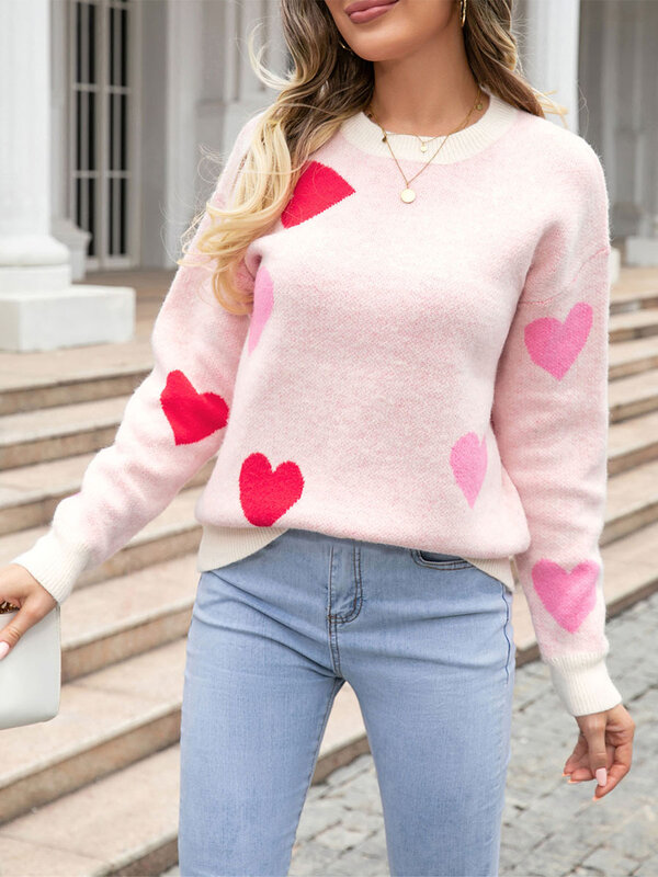 Women s Heart Print Sweaters Casual Long Sleeve Round Neck Loose Pullovers Valentine’s Day Knit Tops Streetwear