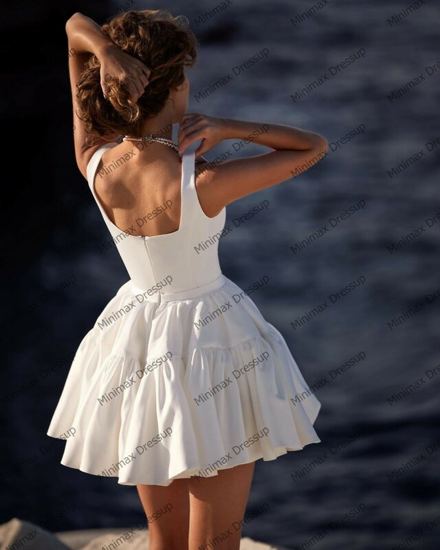 Elegancka kwadratowa satynowa suknia ślubna bez rękawów z falbankami Mini suknie ślubne wysokiej jakości tafta suknia ślubna