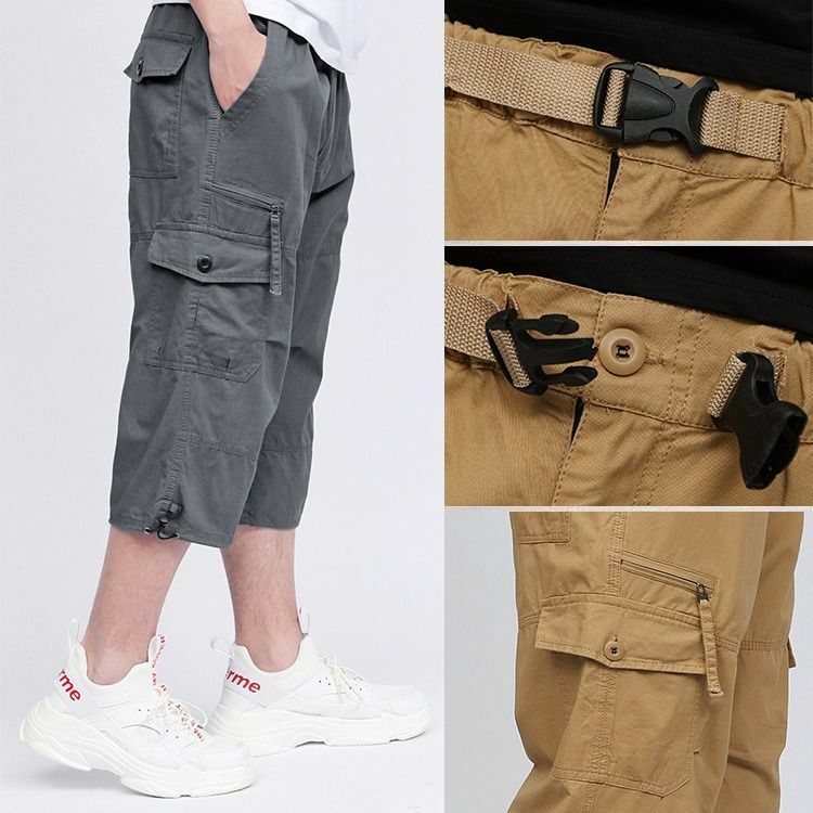 กางเกงคาร์โก้ขาสั้นทรงตรงสีพื้นสำหรับใหม่ผู้ชายฤดูร้อนกางเกงขาสั้นแนวสปอร์ตแนววินเทจสำหรับผู้ชาย