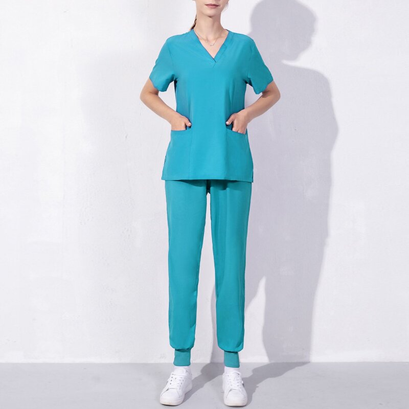 Униформа для медсестры, комплект из двух предметов с шортами унисекс, топ с рукавами и карманами, свободные брюки, рабочая одежда для салона красоты, женская одежда