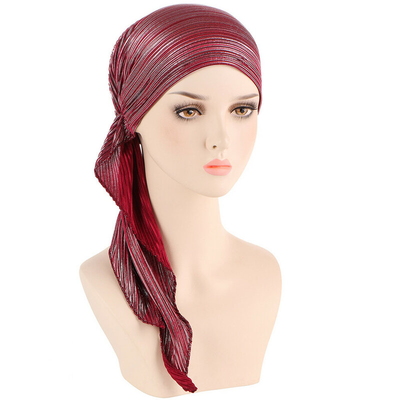 Błyszczący brokat elastyczna, jednolity kolor, wstępnie zawiązany hidżabs, owijany szalik na głowę Turban muzułmański czepek damski czapka z turbanami Mujer