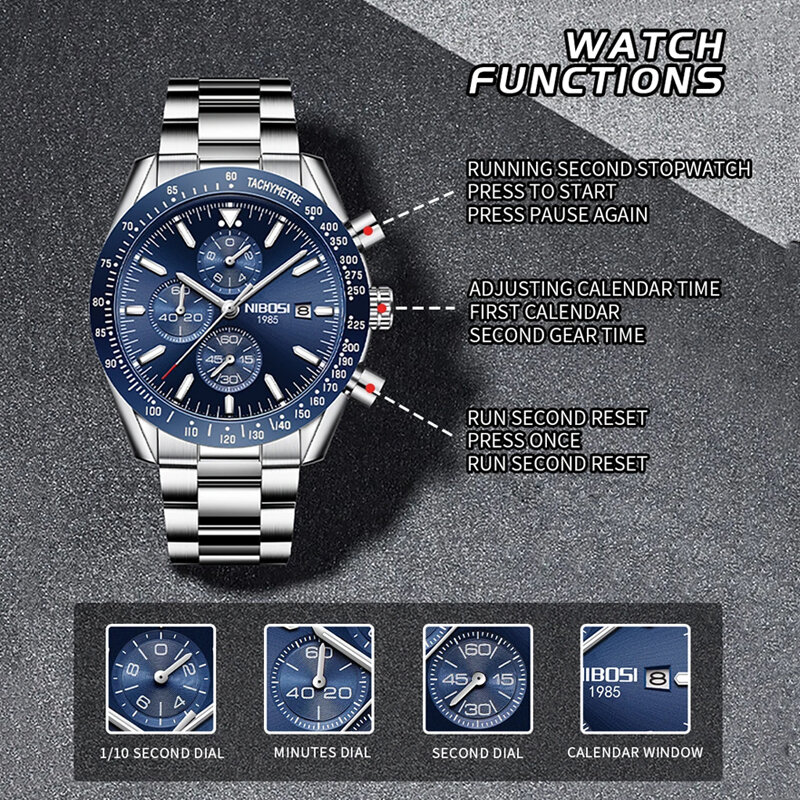Nibosi-relógio de quartzo masculino, aço inoxidável, impermeável, luminosa, esportes, cronógrafo, moda, azul