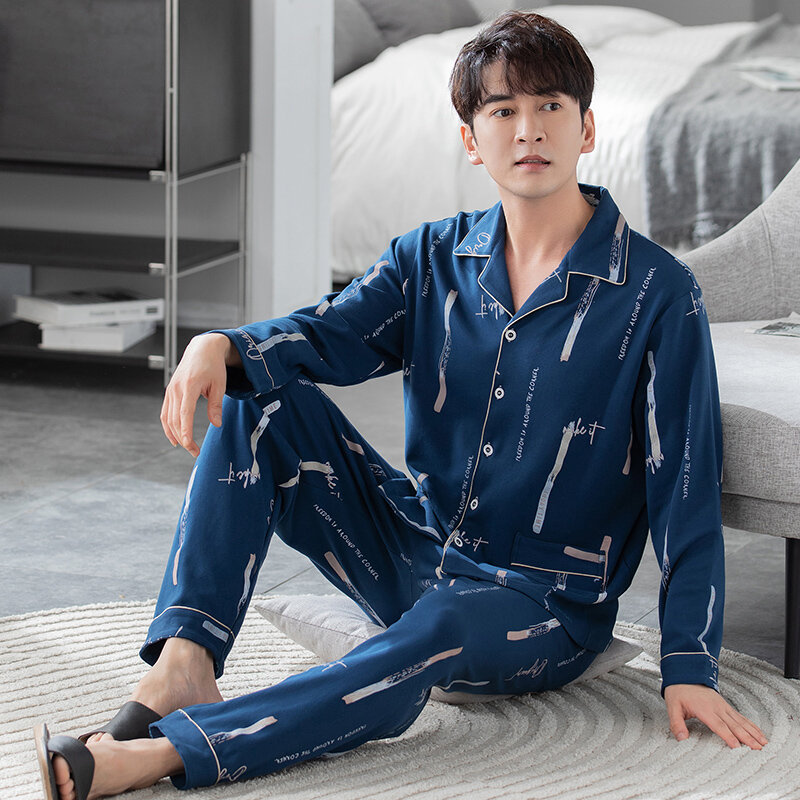 Pijama de algodón puro para hombre, cárdigan con estampado, informal, a la moda, pantalones de manga larga, primavera y otoño, novedad