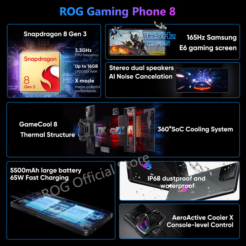 ASUS-ROG Phone 8 Gaming Phone, Snapdragon 8 Gen 3, Tela 165Hz E-Sports, Bateria 5500mAh, Carregamento sem fio, Novo, 2021