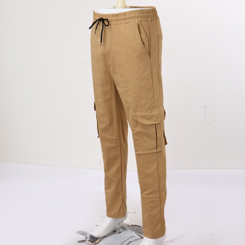 Mens cargo Pants Spring Autumn Solid Color Straight Pockets Drawstrings Trousers Hiking Sports Sweatpants Overalls Trousers Male