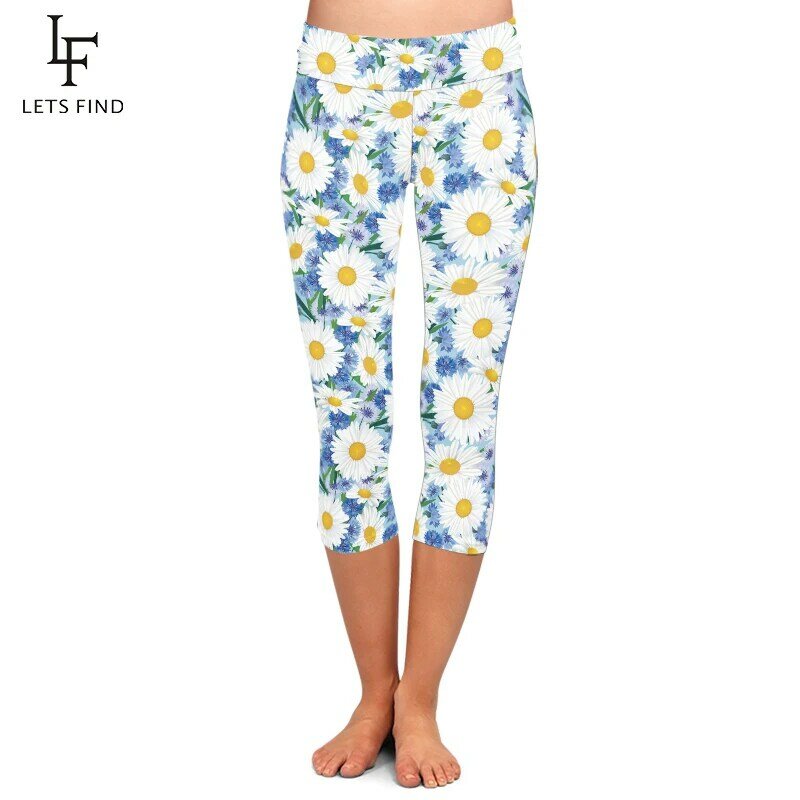 LETSFIND-Leggings Capri fitness com estampa de flores bonitas, cintura alta, macia e confortável, meio da panturrilha, verão