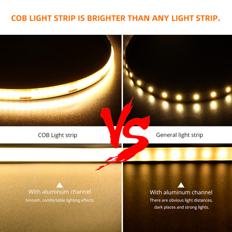 5M 10M FOB COB LED lampu Strip kepadatan tinggi fleksibel Diode pita lampu 3000K 4000K 6000K Linear Dimmable 12V 24V
