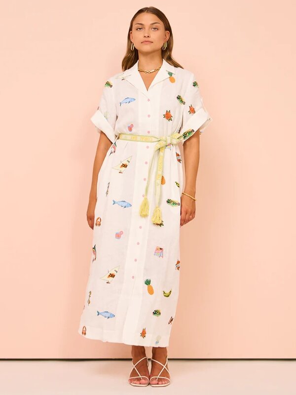 Damski długa sukienka z nadrukiem pasek z krótkim rękawem sukienka z guzikami kobiet luźny Vestidos letnie wakacje hawajskie suknia na co dzień plażowe