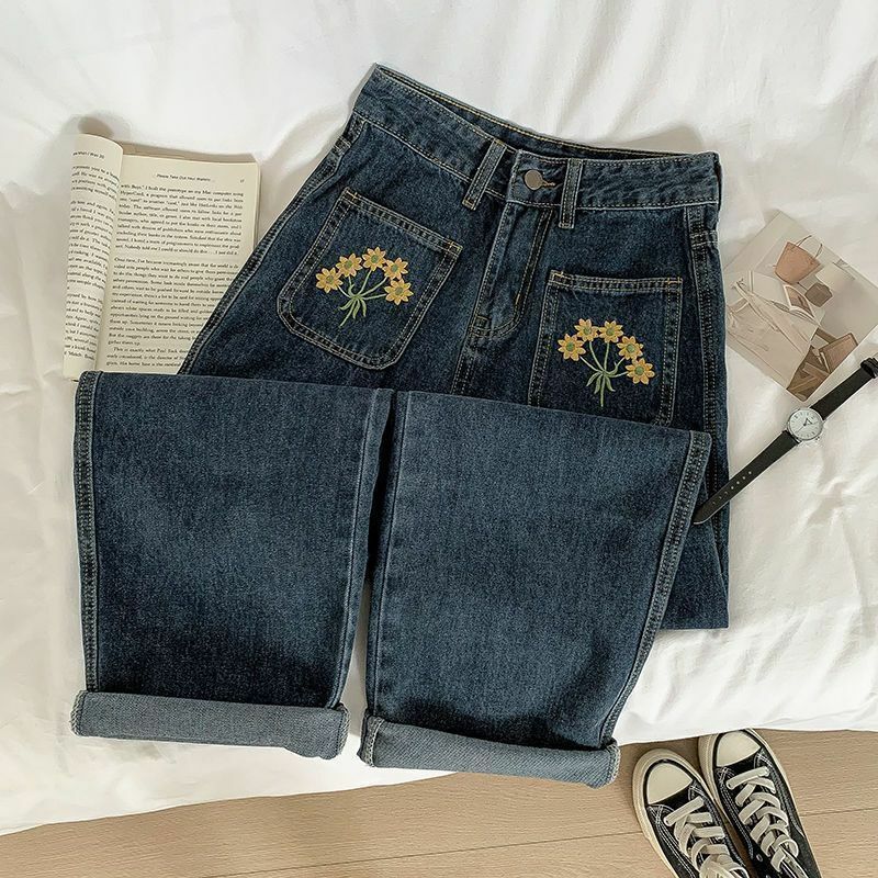 Vintage floral embroidered jeans women's spring 2023 new fashion high waist versatile large size loose wide leg trousers