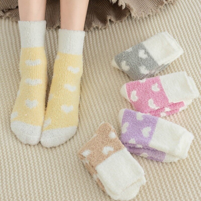 New Lovely Heart Coral Velvet Kawaii Socks Women Cute Autumn Winter Warm Socks Japanese Style Harajuku Thermal Sleep Floor Sock