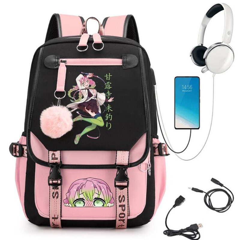 Demon Slayer Kanroji Mitsuri Backpacks Teenarges Schoolbag Anime USB Charge Laptop Travel Outdoor Bag Color Blocking Mochila