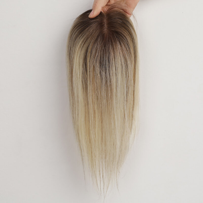 Postizos de cabello humano Rubio para mujer, extensiones de cabello con Base de encaje, raíces púrpuras, Remy, 12 pulgadas