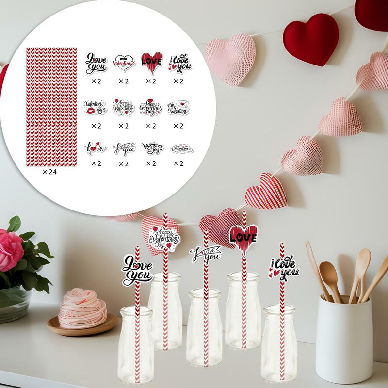 24Pcs Valentines Day Paper Straws Interesting 19.5cm Long Drinking Straws for Love Theme Parties Proposal Carnival Bar New Year