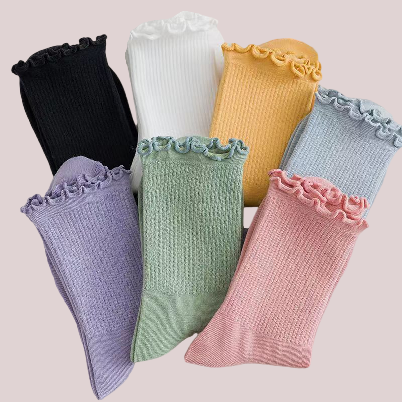 6/12 Pairs High Quality Women Ruffle Lace Cute Socks Cotton  Autumn Winter Solid Color Long Breathable Mid Tube Socks