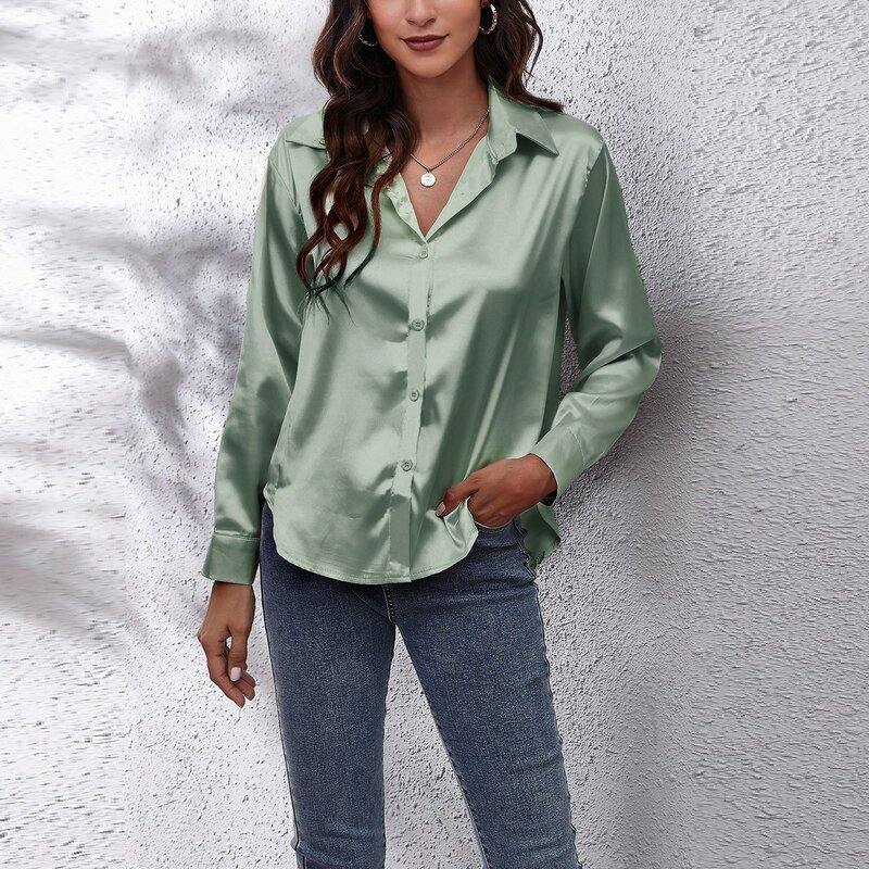 2024 lato nowe eleganckie damskie satynowe koszule jednolity kolor bluzka z długim rękawem klapy Casual bluza bluza biurowa feminas