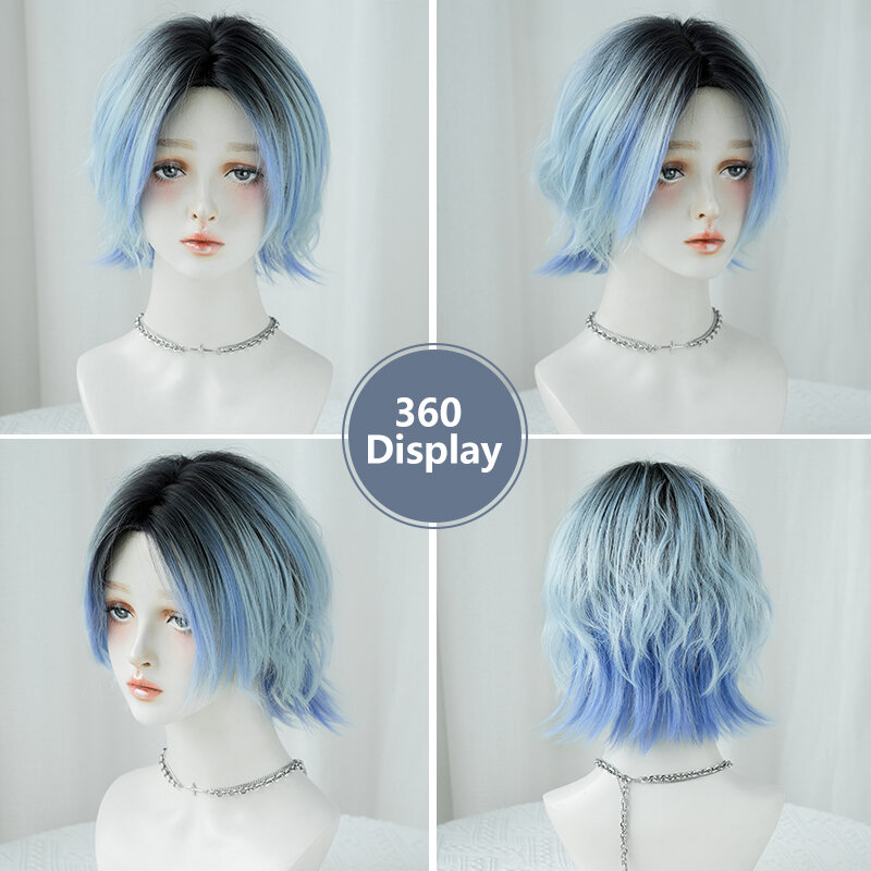 7JHH WIGS Costume Wig Synthetic Short Ombre Blue Wig for Girl Cosplay High Density Wolf Tail Middle Part Purple Wigs Lolita Wig