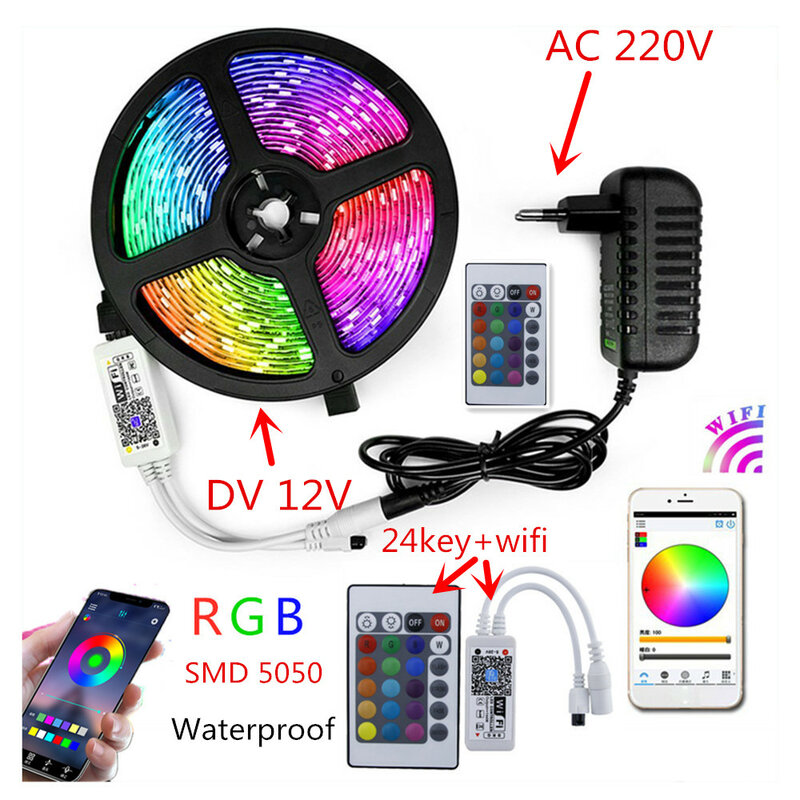 Светодиодная лента 220 в 12 В RGB SMD 5050, водонепроницаемая гибкая уличная лампа для украшения комнаты с приложением для телефона и дистанционным...