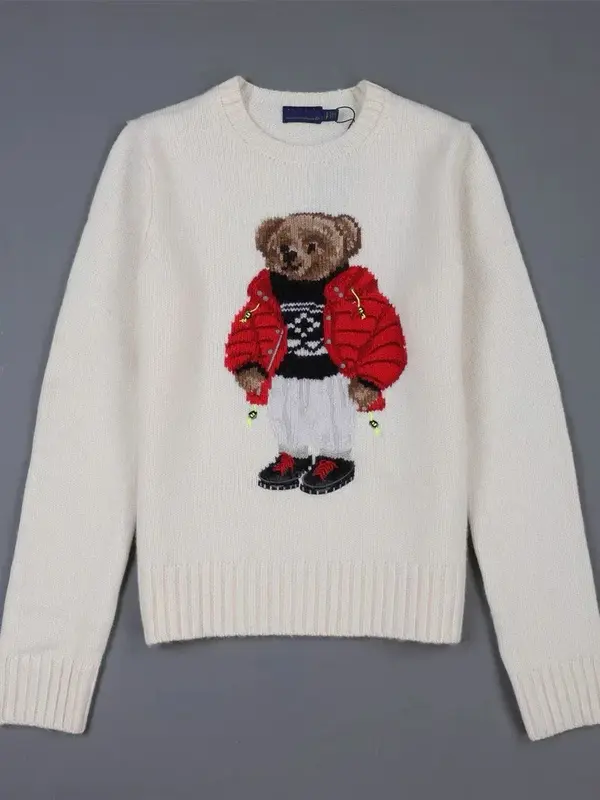 Urso cartoon feminino suéter com gola redonda, manga comprida, pulôver de malha, roupa de algodão, moda inverno, novo