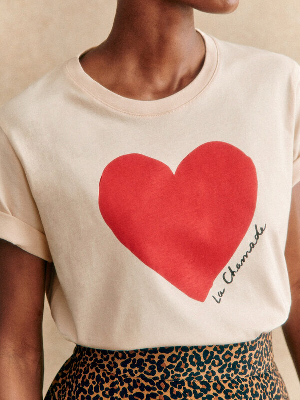 Camisetas de manga curta de algodão orgânico feminino, estampa coração la chamade, tops femininos franceses vintage, verão, 2022