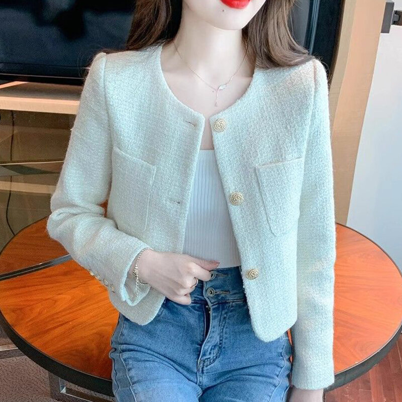 Rimocy koreanische Mode Tweed kurze Jacken für Frauen 2024 Frühling Rundhals ausschnitt schicke Mantel Frau beige Einreiher Jacke weiblich