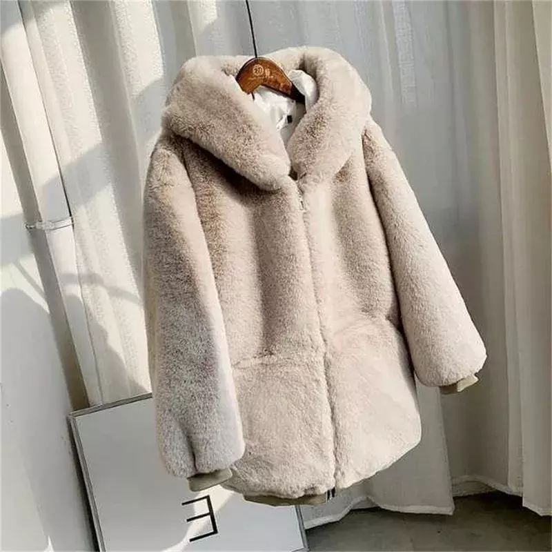 Manteau en fourrure de vison imperméable à capuche mi-long avec fermeture éclair pour femme, pull chaud, fausse fourrure, optique, hiver, mode