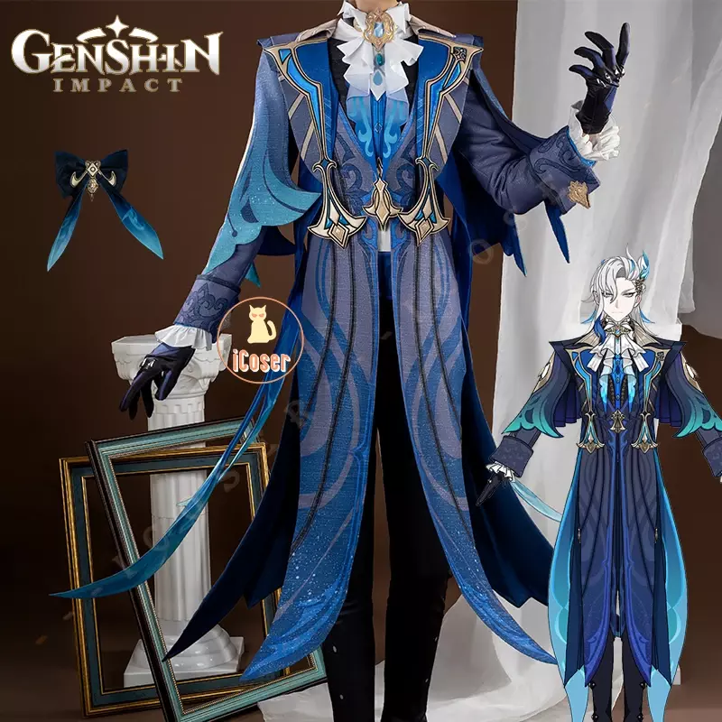 Disfraz de Cosplay de Neuvillette Genshin Impact Game, uniforme, tocado, jefe de la justicia, Fontaine, fiesta de Halloween, accesorios para hombres y mujeres