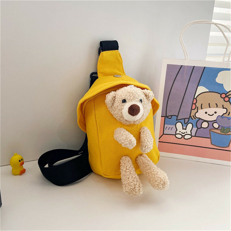 Детская нагрудная сумка с милым плюшевым медведем, холщовые Дизайнерские Сумочки на ремне, забавные уличные поясные мешки на молнии