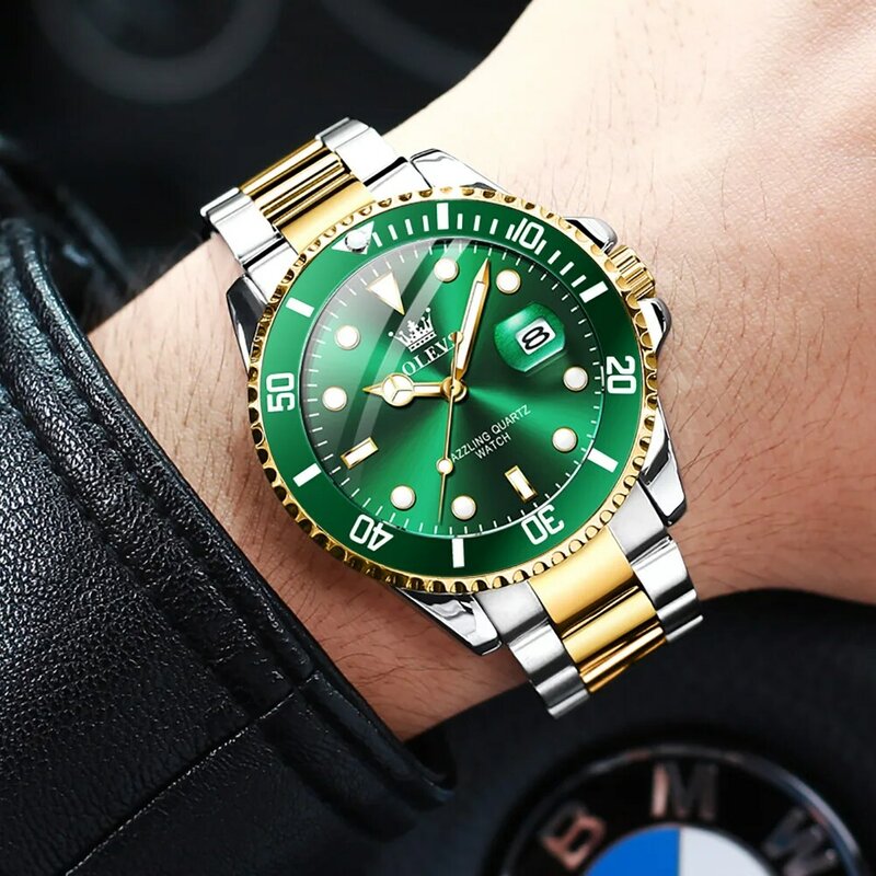 OLEVS คู่นาฬิกาควอตซ์หรูหราแถบดำน้ำนาฬิกาเพชรสีเขียวคู่ชุดนาฬิกาควอตซ์