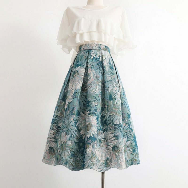 Женская винтажная юбка с цветочным принтом, модная Жаккардовая юбка с высокой талией и карманами, универсальная уличная одежда, Q521